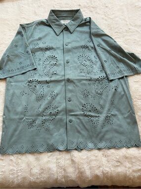 Men's Kith Microsuede Short Sleeve laser Cutwork Shirt Jacket in Sage Green